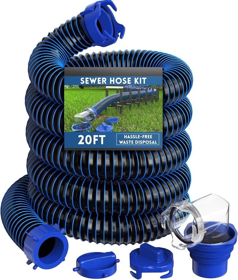 DUMPMAN RV Sewer Hose 20 Ft, Sewer Hose for RV Camper, RV Sewer Hose Kit with Swivel Fitting - Includes 90 Degree Clear View Sewer Adapter, and 2 Storage Caps - Image 1